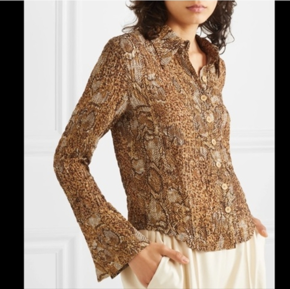 Nanushka Alena Animal Print Butt9n Down Shirt Blouse Top Sz M Tan Snake Print